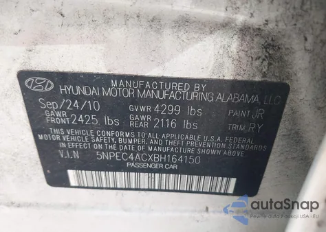 2011 Hyundai Sonata Se z USA, uszkodzony, nr VIN 5NPEC4ACXBH164150